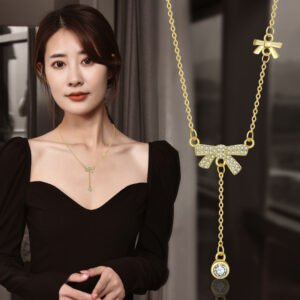 Dainty Pull Adjustable Sweater Chain For Women, Zircon Bow Y-Shape Tassel Long Necklace, Elegant Sweet Fashion Jewelry