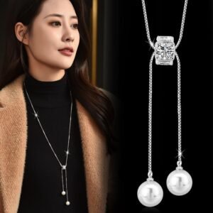 Dainty Pull Adjustable Sweater Chain For Women, Square Zircon Double Pearl Tassel Long Necklace, Elegant Minimal Autumn Winter Fashion Jewelry