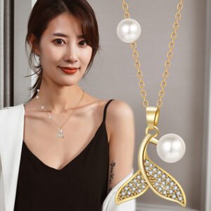 Dainty Mermaid Tail Pearl Necklace For Women, Shell Inlay Adjustable Collarbone Chain, Elegant Long Sweater Chain Ocean Fashion Jewelry