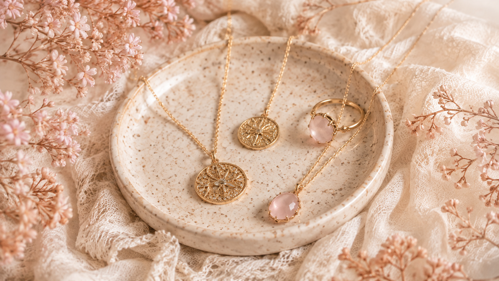 Gold necklaces and rings with pink gemstones displayed on a ceramic jewelry dish