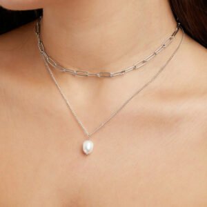 Freshwater Pearl Pendant Layered Stainless Steel Necklace