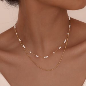 Stainless Steel Round Snake Chain Pearl Double Layer Necklace Gold
